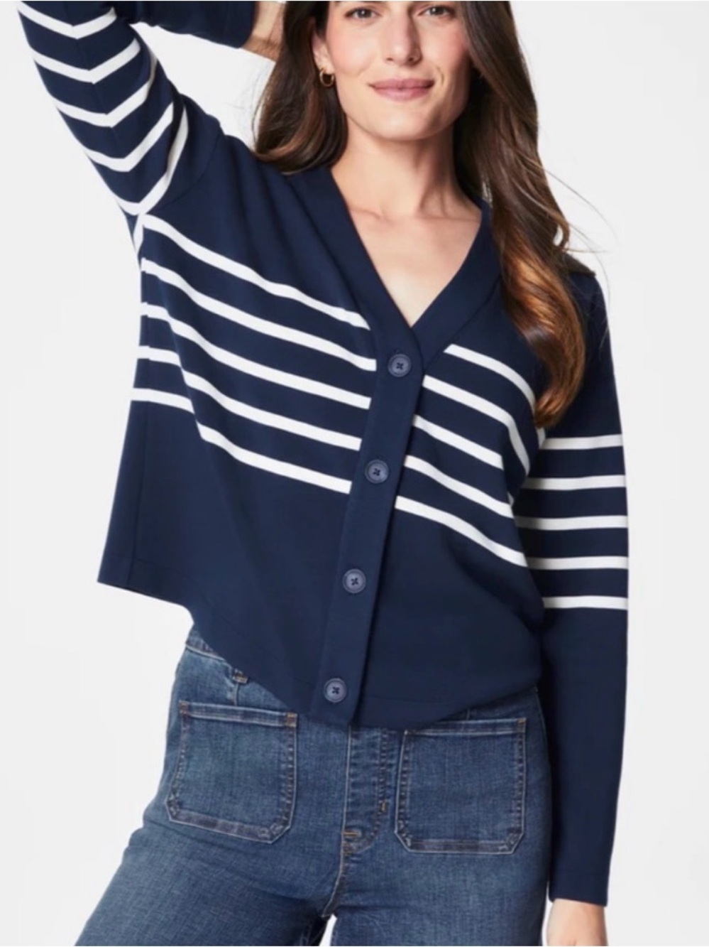 SPANX AirEssentials Blue and White Stripe Cardigan Sweater
